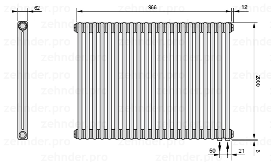 Схема (чертеж) Радиатор Zehnder Charleston 2200/21 №5510 Белый глянцевый RAL 9016
